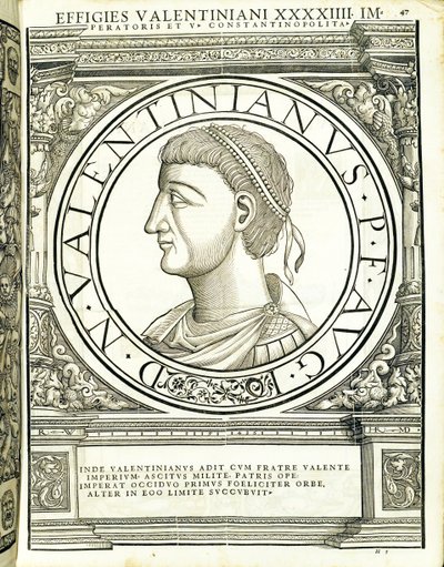 Valentinianus, Illustration aus Imperatorum romanorum omnium orientalium et occidentalium verissimae imagines ex antiquis numismatis von Hans Rudolf Manuel Deutsch